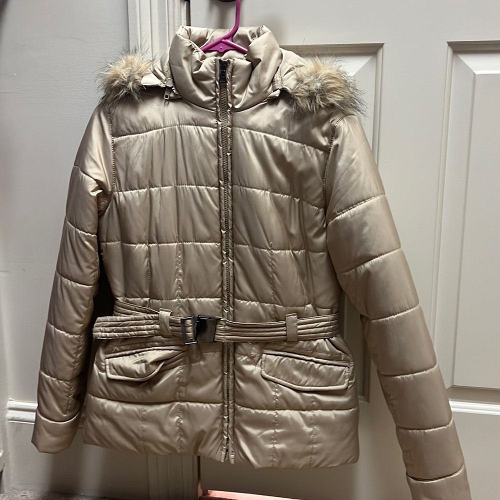Tan puffer jacket with detachable hood, size XS